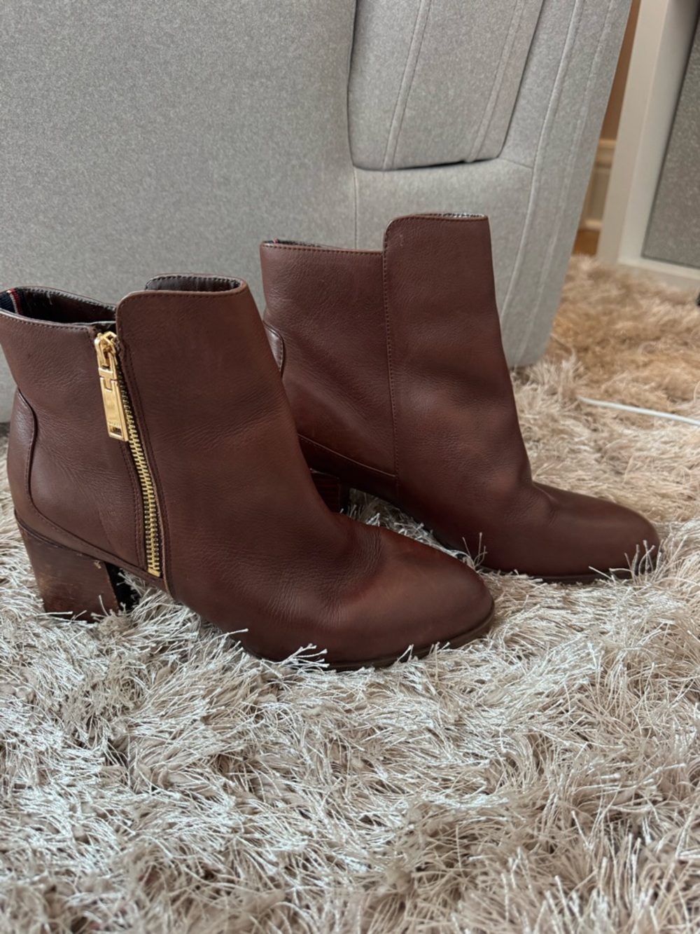 Tommy Hilfiger Dark Brown Leather Ankle Booties with Gold Zip
